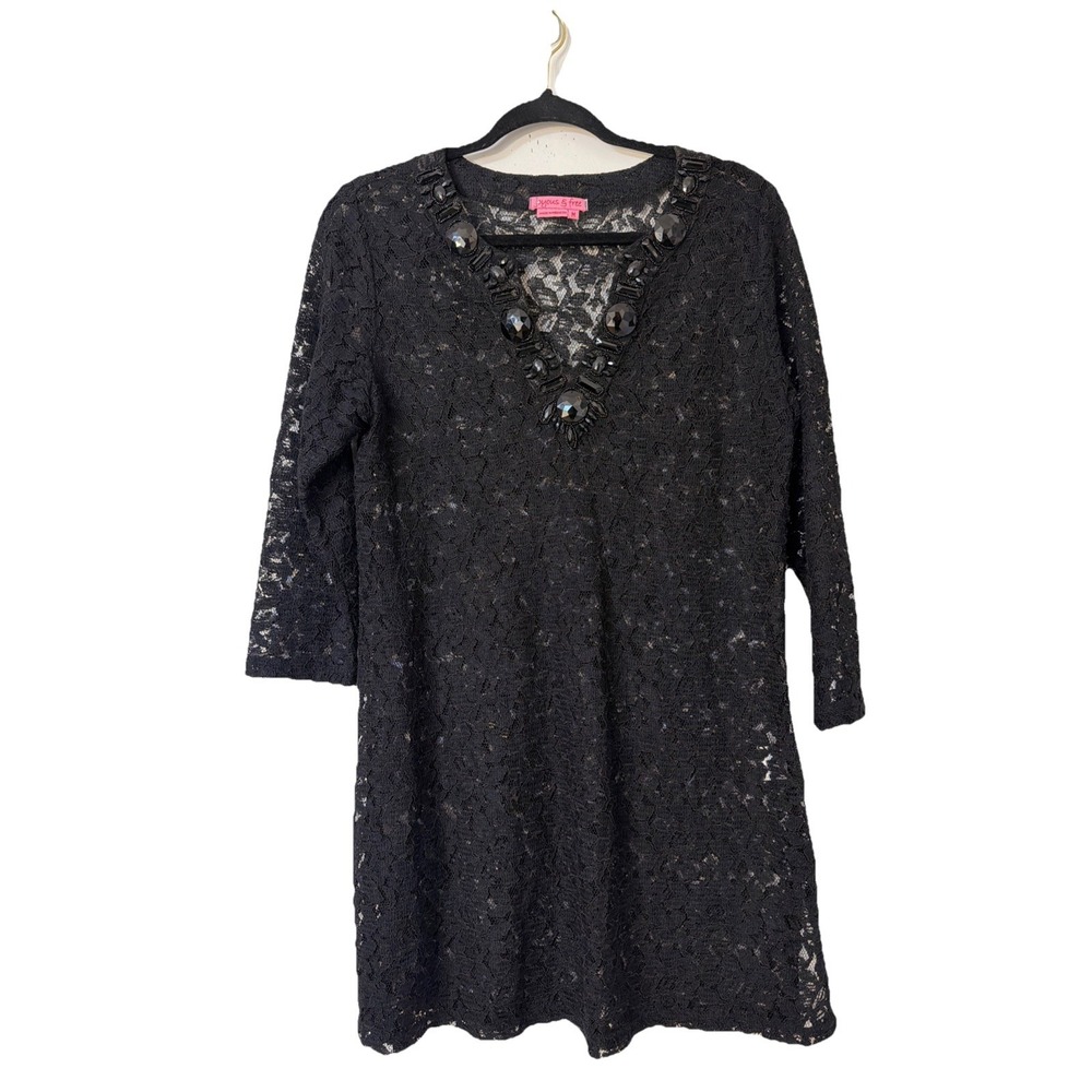 Joyous & Free Black V Neck Jeweled 3/4 Sleeve Dress M Floral Laced Cover Up Goth
